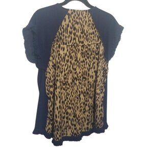 Umgee Women's Navy Animal Print Cotton/Linen Top Sz S